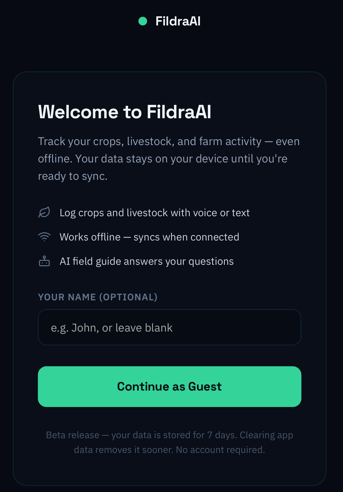 FieldGuide onboarding screen — set up your farm in minutes