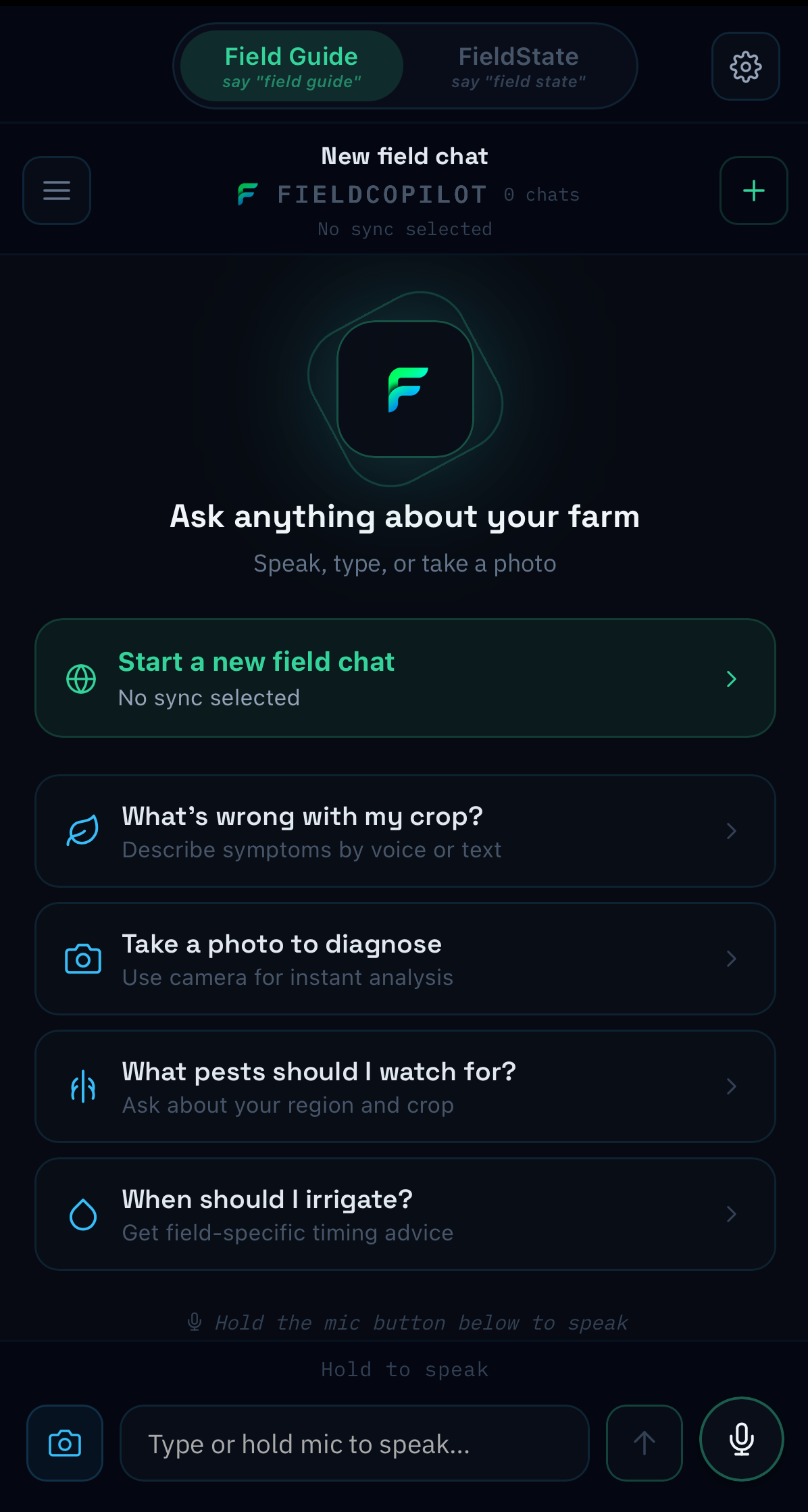 FieldGuide chat interface - speak or type your questions