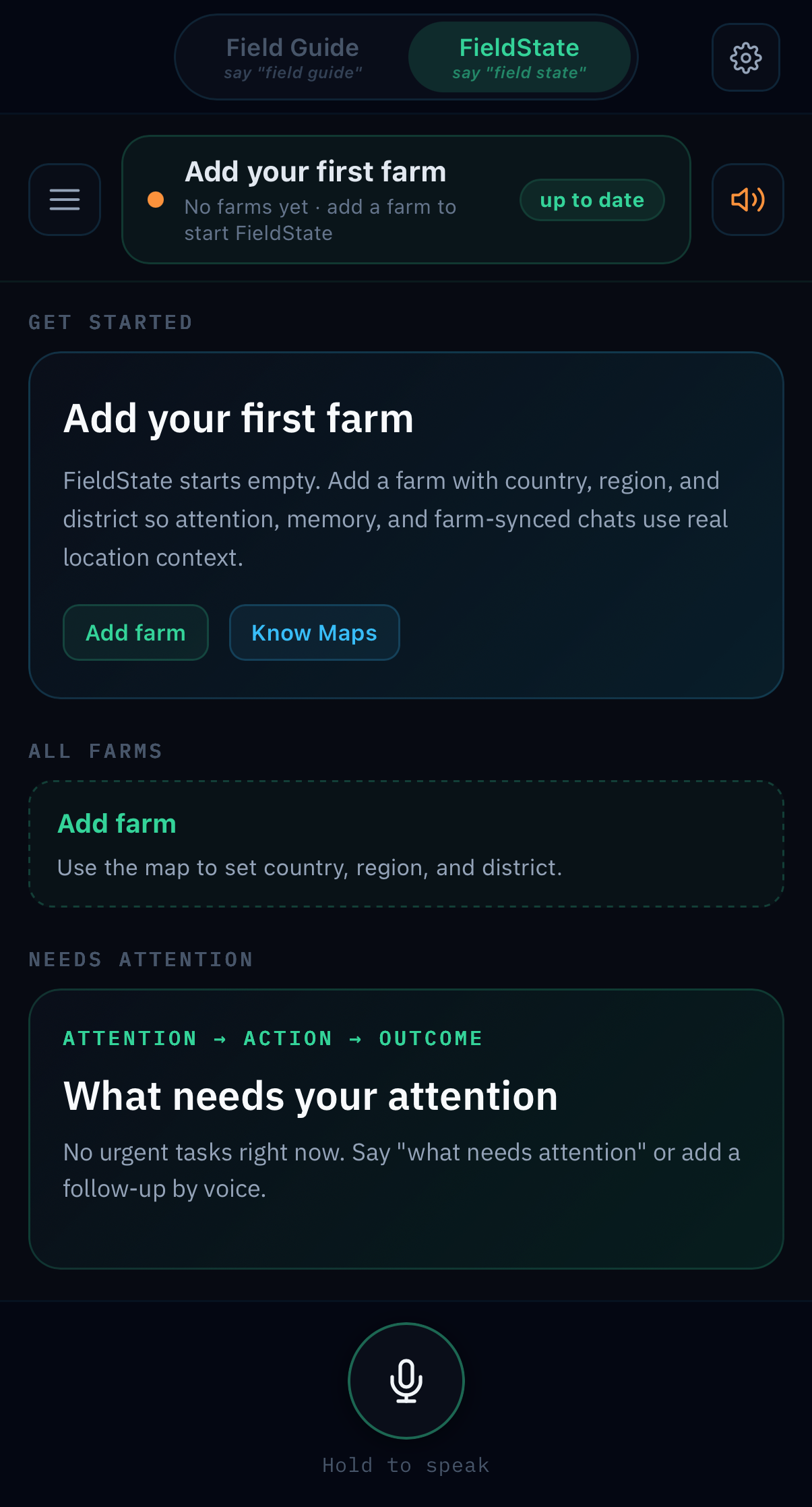 FieldGuide home screen — your farm's attention feed for today