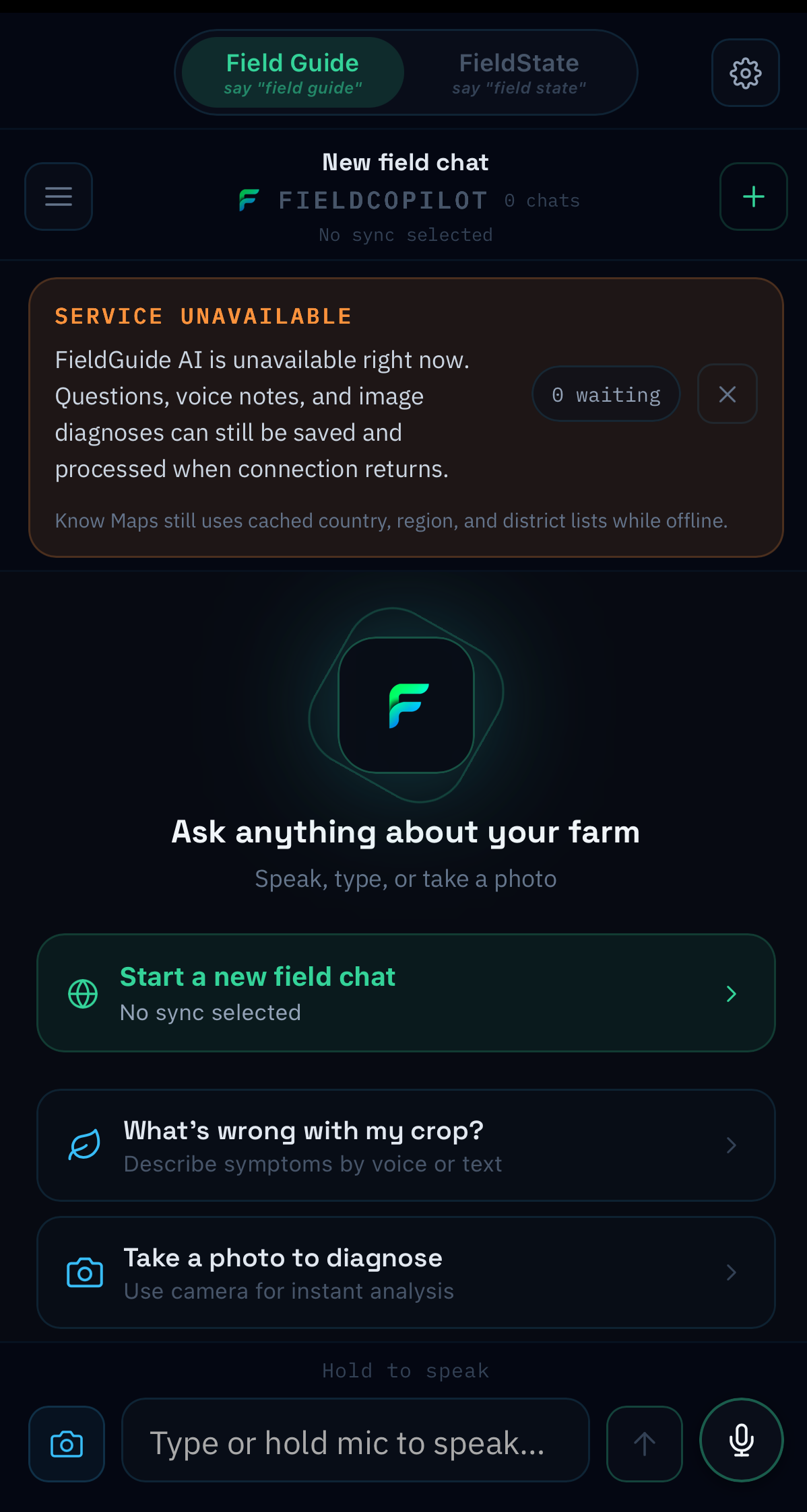 FieldGuide offline view showing field workflows that continue without network access