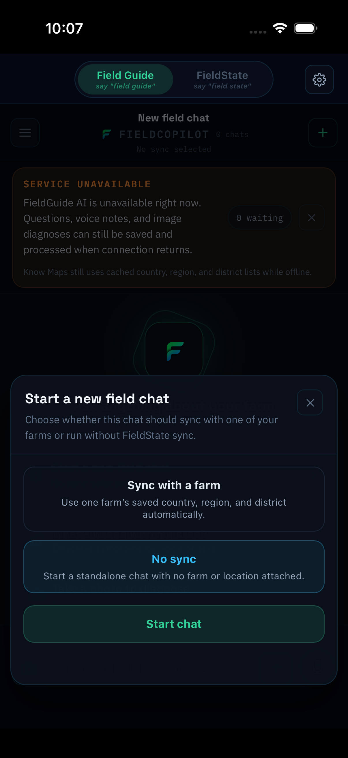FieldGuide start chat screen showing the fastest way to ask a farm question