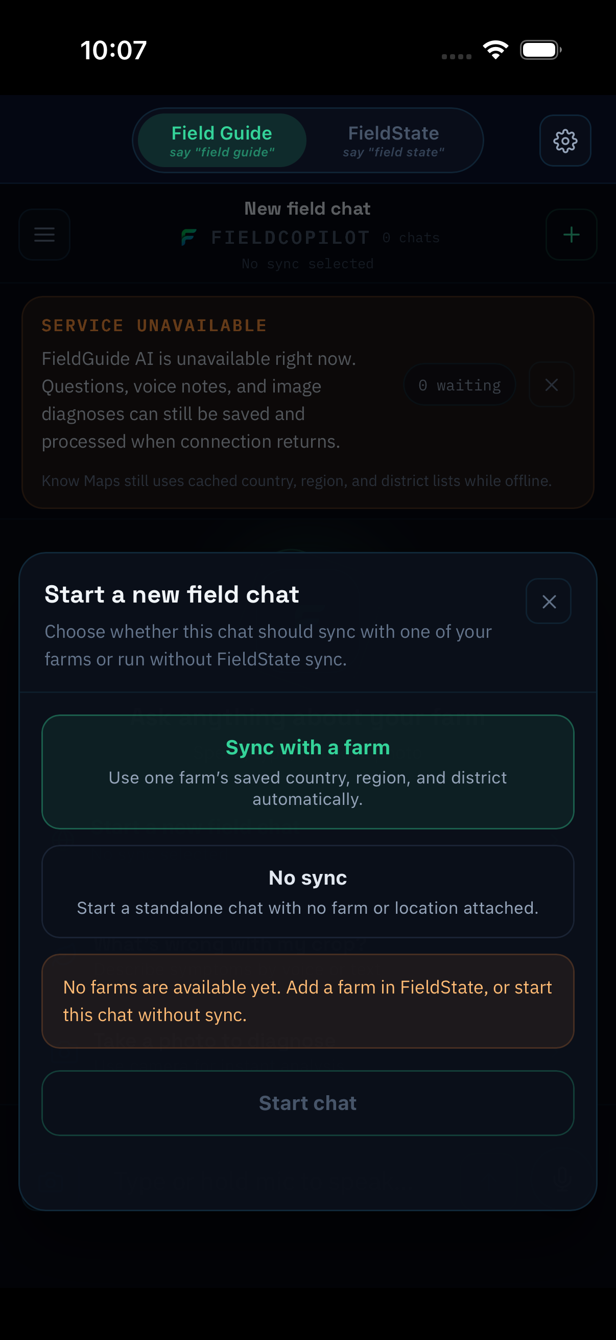 FieldGuide sync and farm memory screen showing saved history moving across sessions