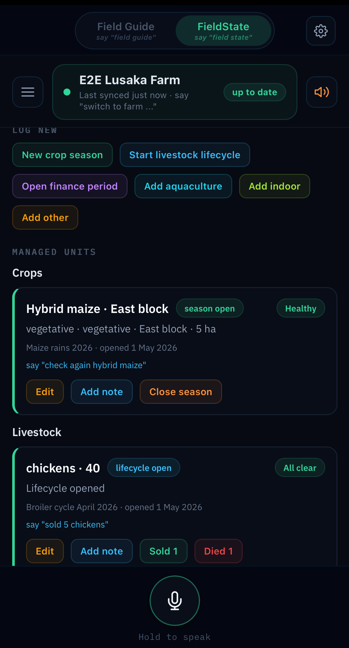 Crops section — track every planting season from start to harvest