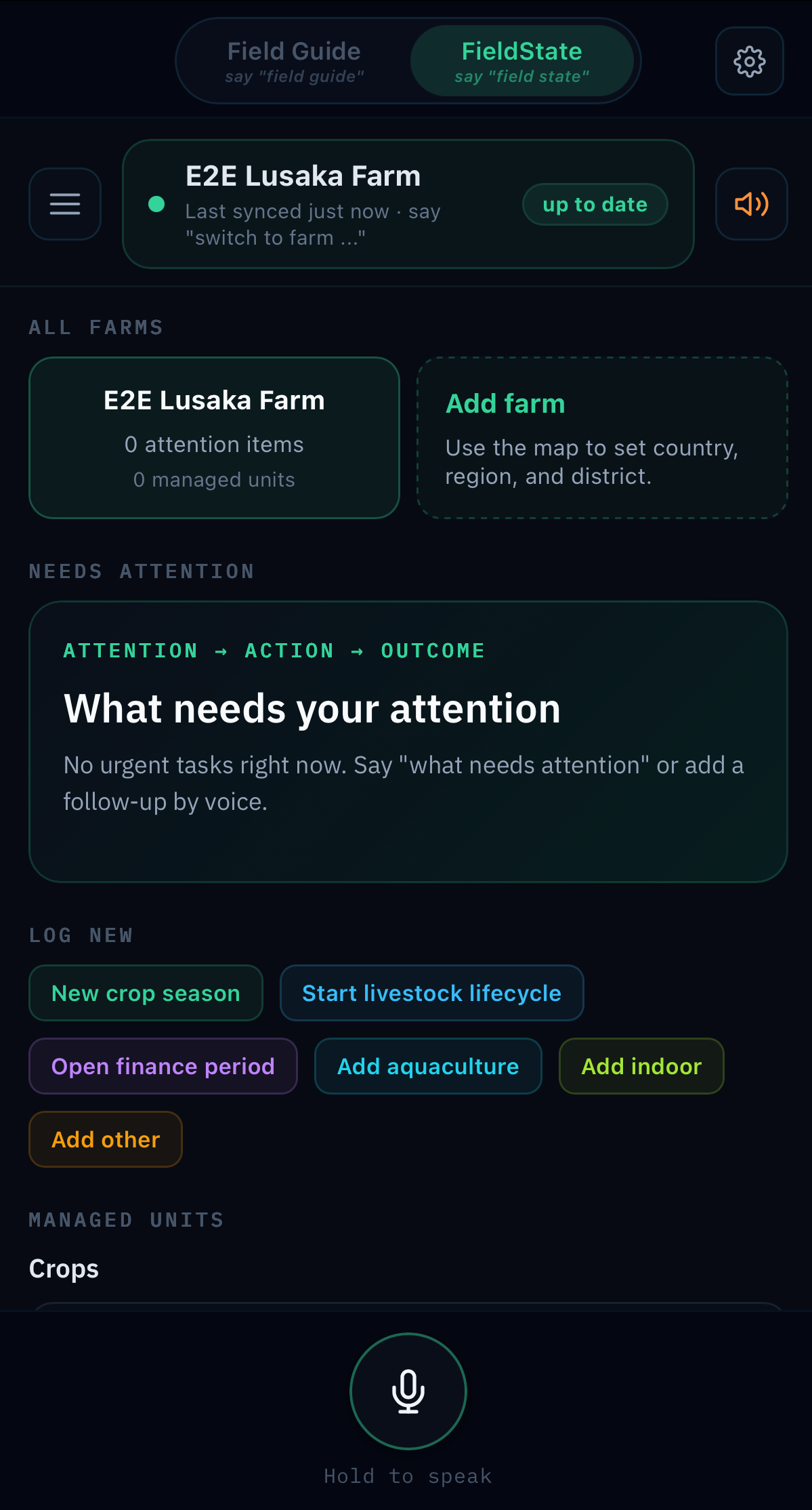 FieldState main screen showing farm memory, records, and historical context