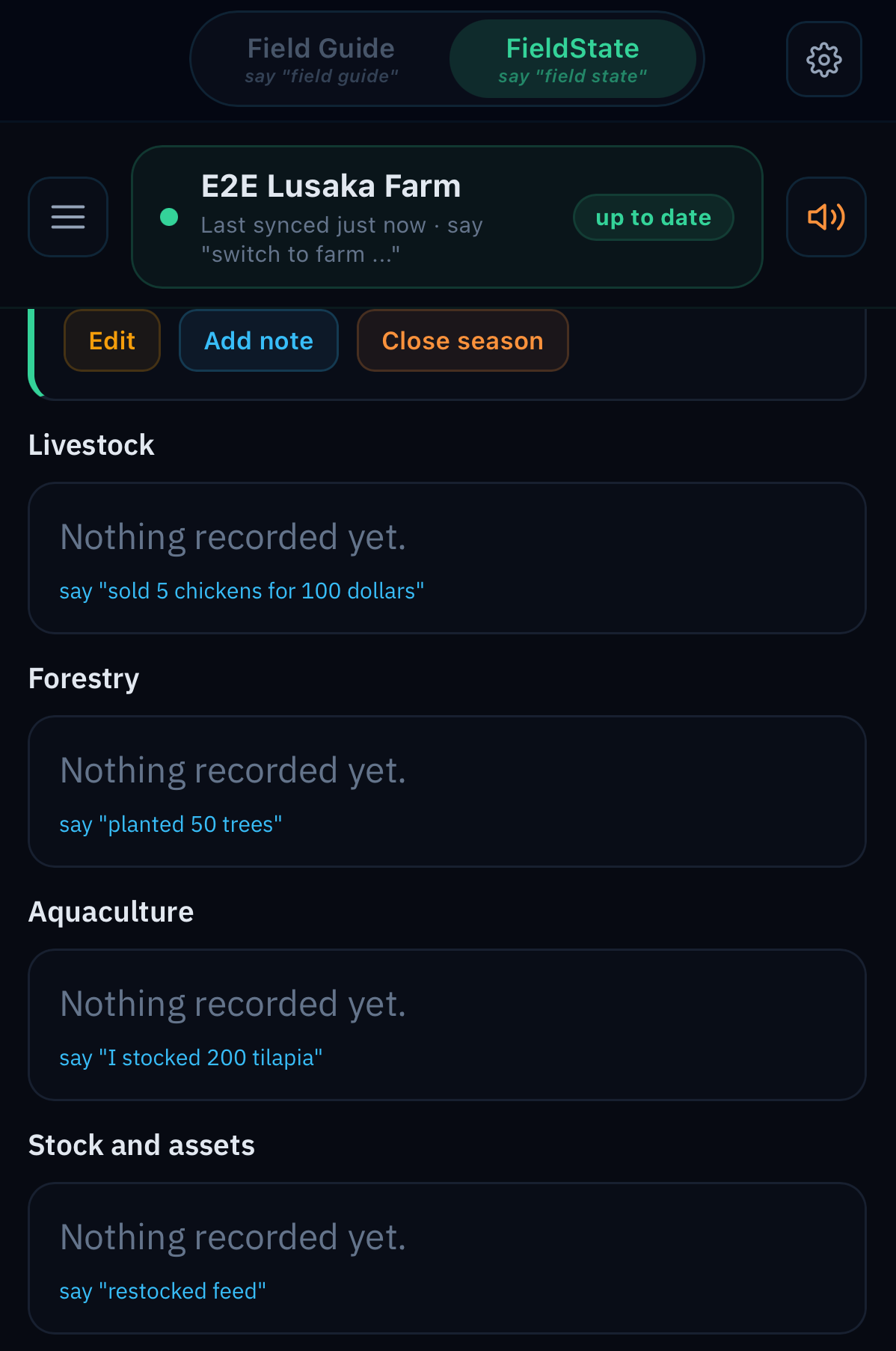 FieldGuide livestock section — herd counts, health events, and feeding cycles