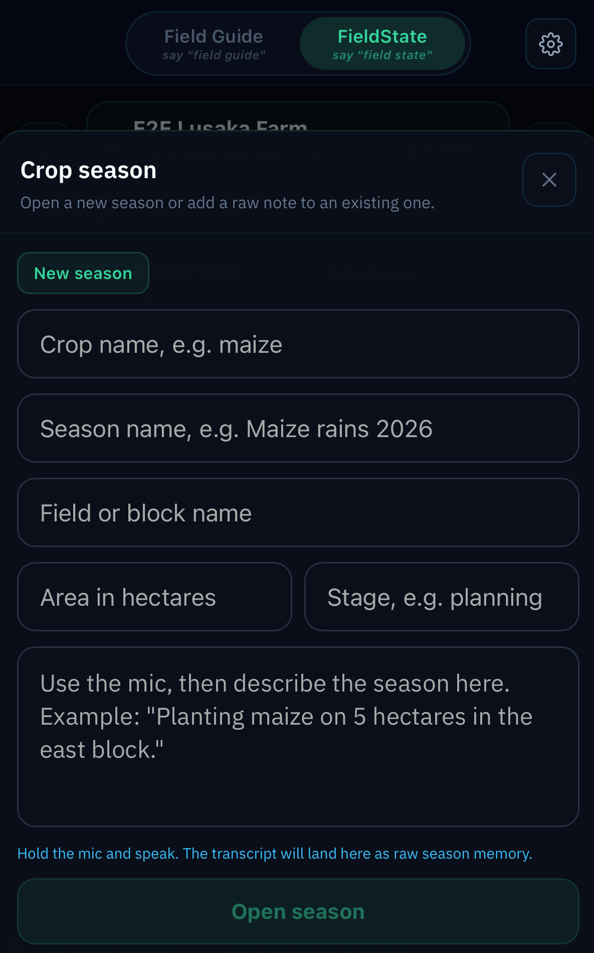 FieldGuide crops section — planting seasons and growth stage tracking